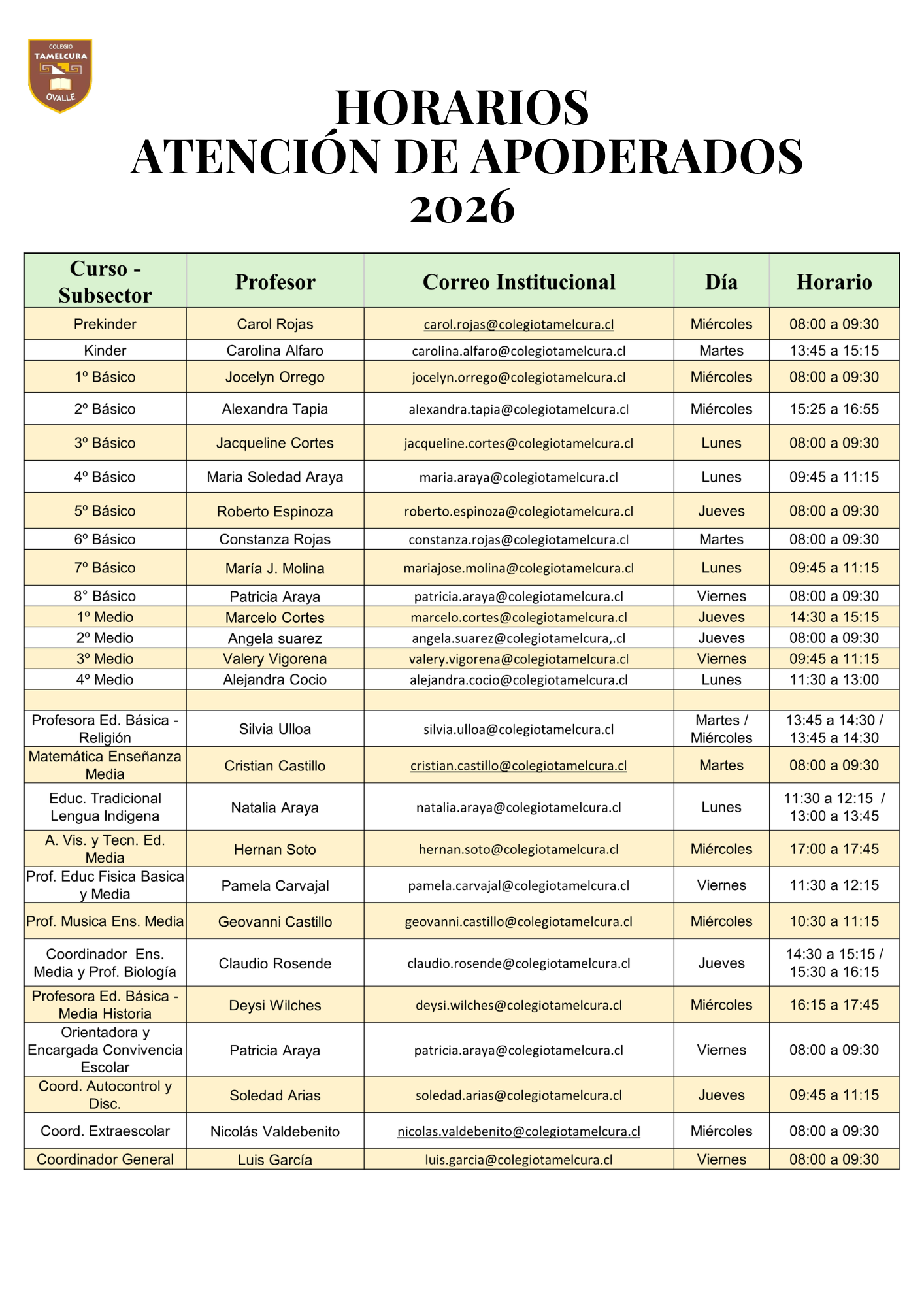 HORARIOS DE ATENCIÓN DE APODERADOS ( ACTUALIZADOS 13-03-2026 )