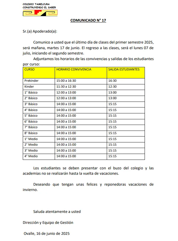 Comunicado Salida de Vacaciones de Invierno