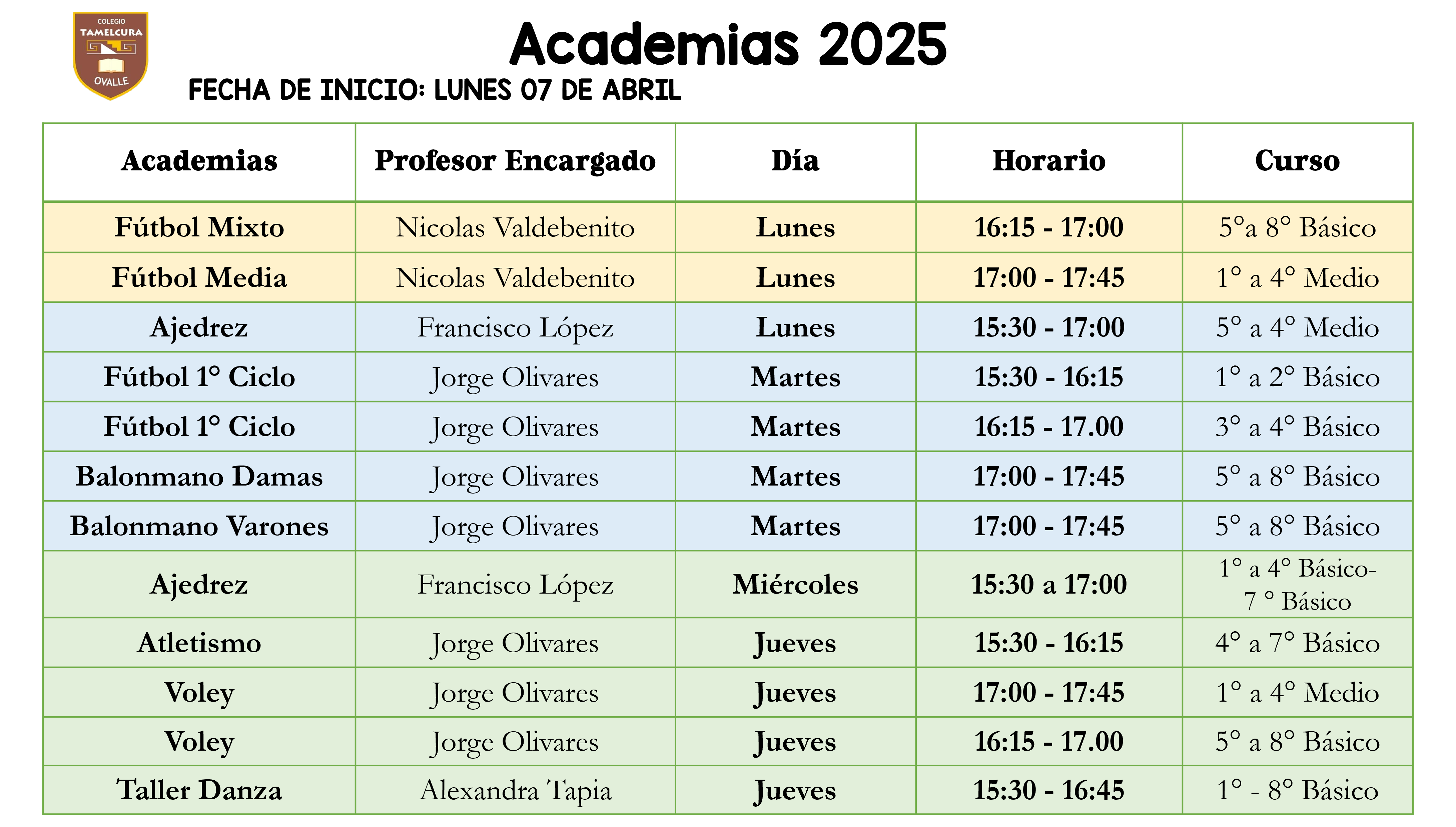 HORARIOS ACADEMIAS EXTRACURRICULARES
